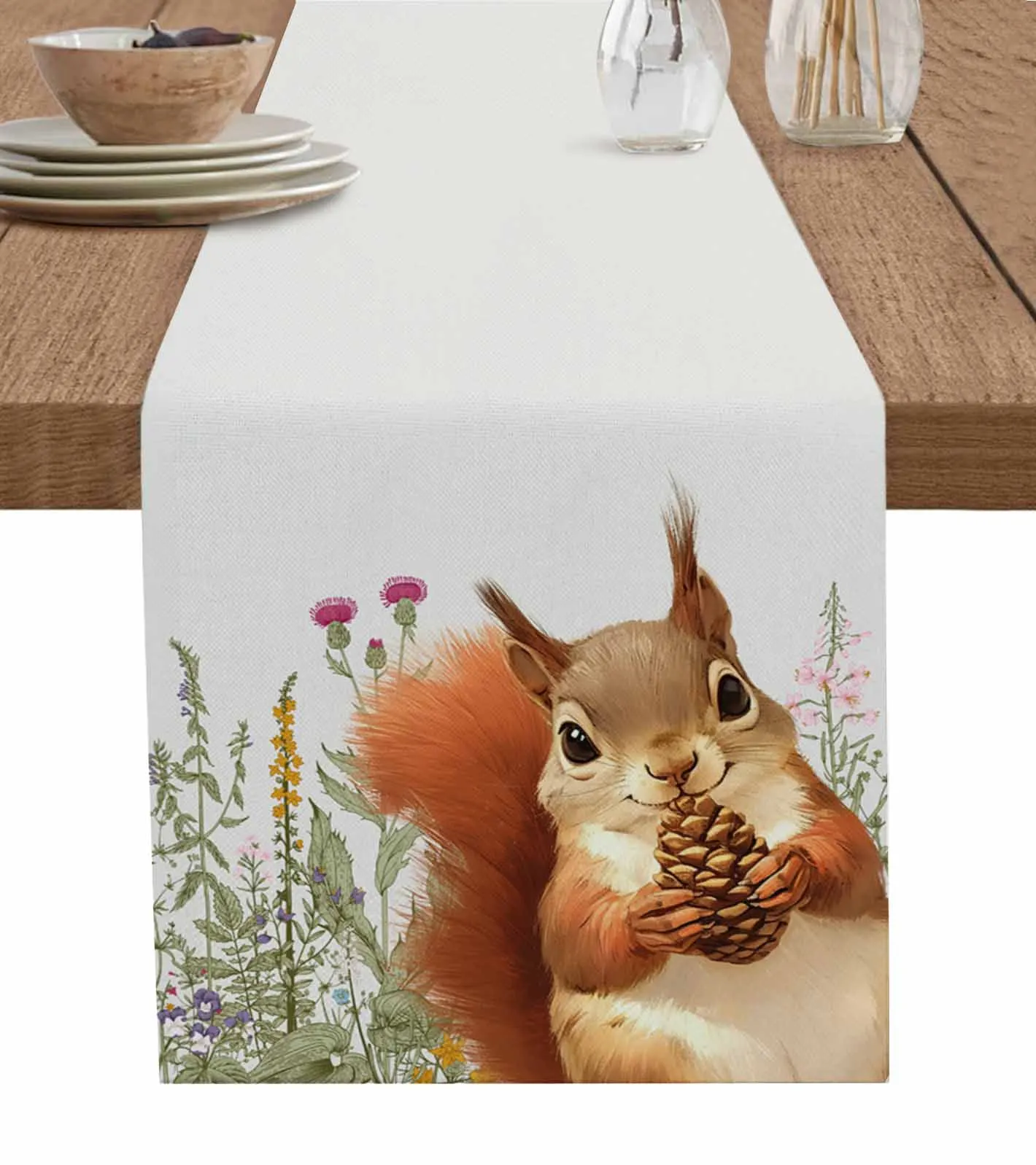 Autumn Herbaceous Plant Squirrel Table Runners for Dining Room Coffee Home Decoration Tablecloth 4/6 Pcs Placemats Table Cover