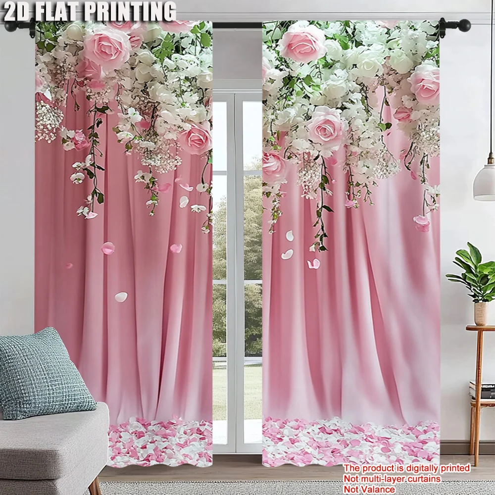 

2Pcs Pink Floral Window Curtain For Wedding Holiday Festival Birthday Party Decorations Flower Theme Window Drapes Polyester