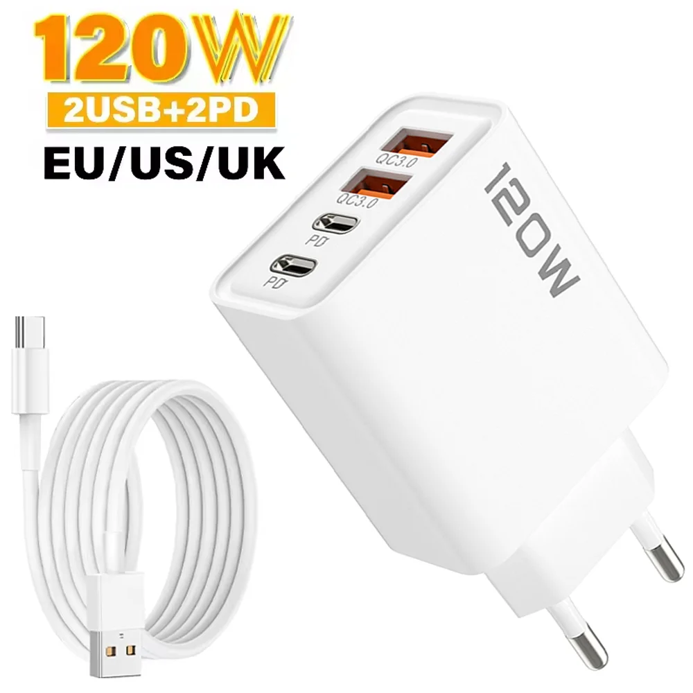 4in1 USB Charger Total 120W USB Type-c Fast Charging Station 2USB+2PD Travel Wall Charger Universal USB Charger 1m Type C Cable