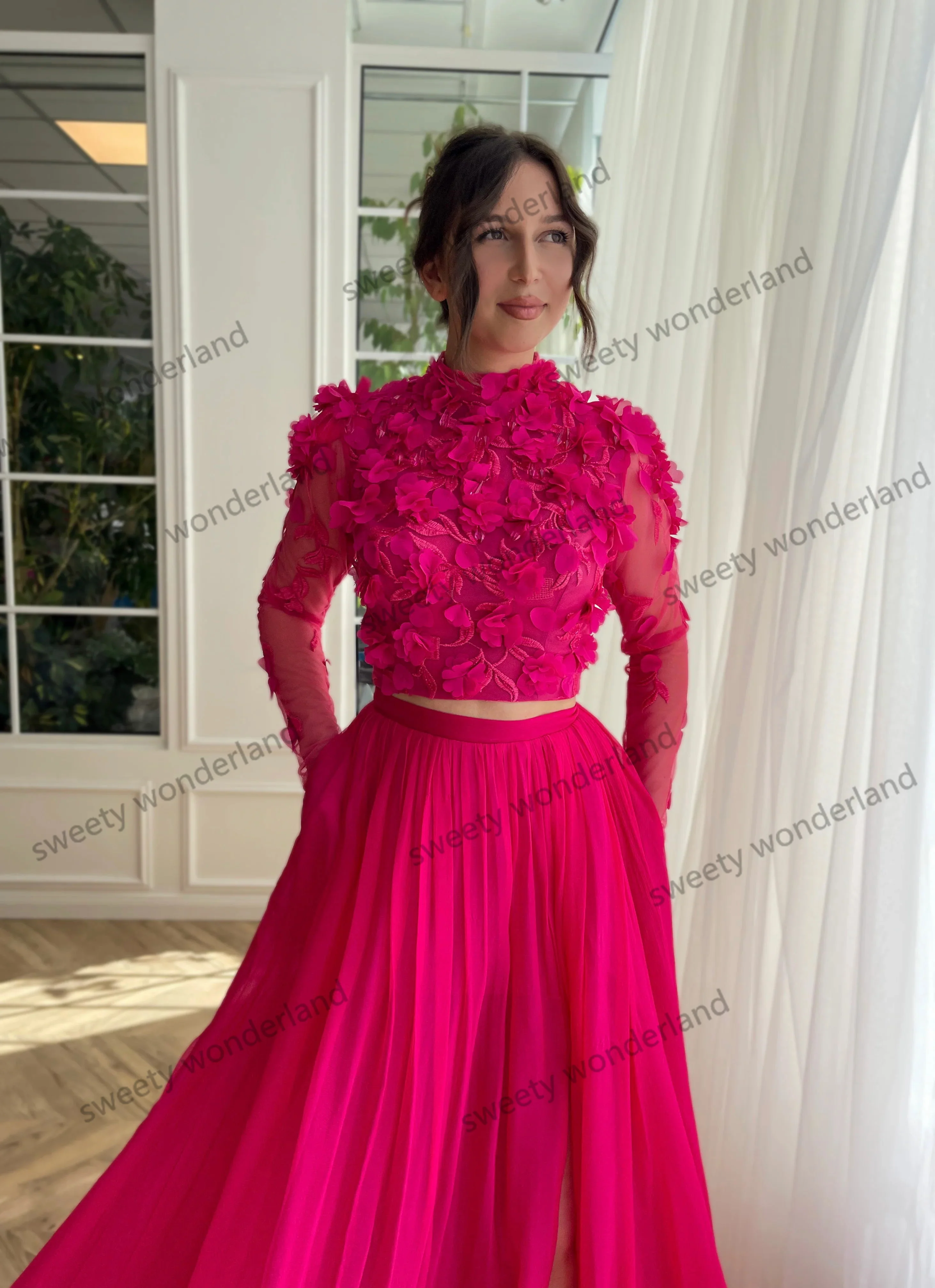 Fuchsia 2 Pcs Prom Dresses with Slit Lace 3D Floral Appliques Maxi Gown Women Long Sleeves Evening Party vestido de novia