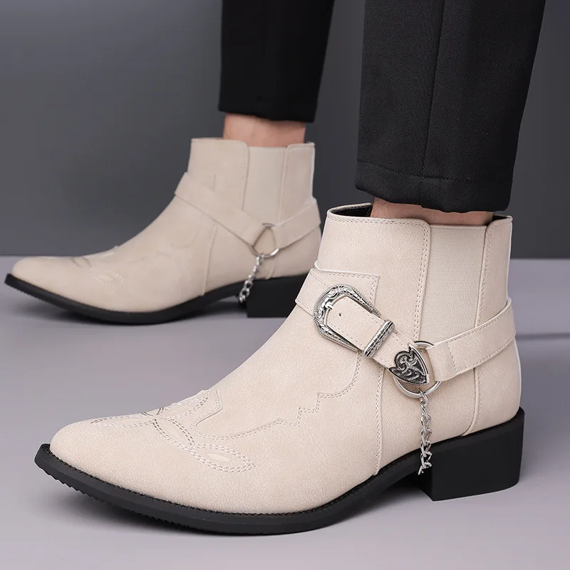 2027 New Fashion Men's Vintage Cowboy Boots Leather High Top Chain Buckle Strap Punk Shoes Pointed Toe Biker Ankle Boots for Men