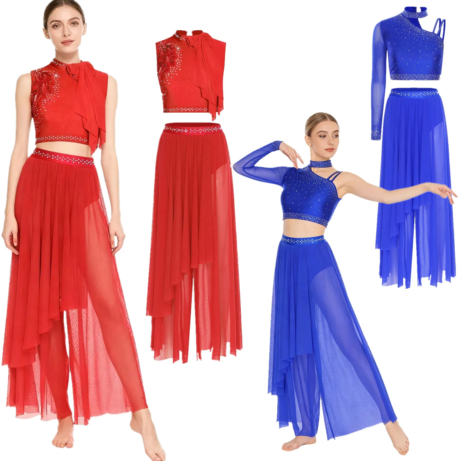 

Women Figure Skating Modern Dance Costumes Lyrical Dance Sets Rhinestone Crop Top And Asymmetrical Mesh Built-in Briefs Pants