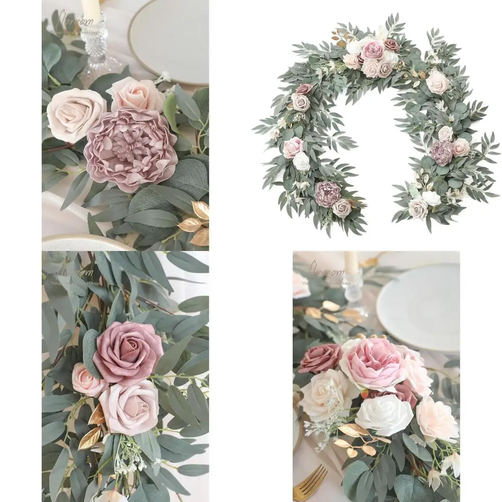 

6-футовая эвкалиптовая гирлянда с пыльными розами для украшения свадебного и праздничного стола