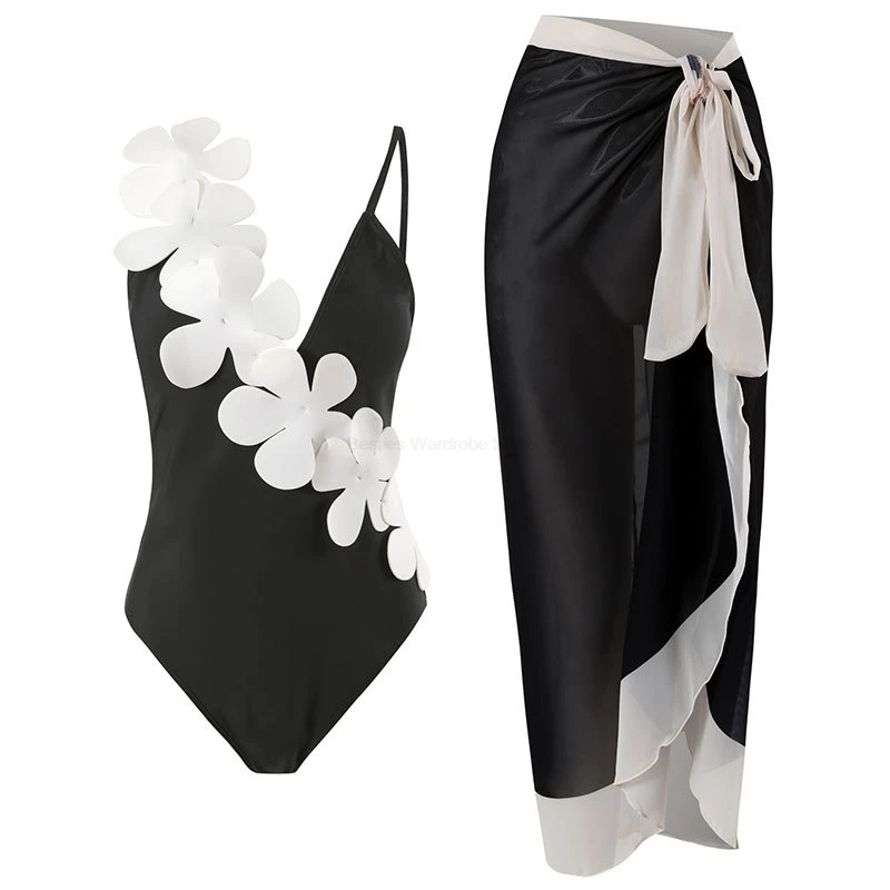 New French Style Women's Swimsuit Black White Flower Decoration Asymmetric Swimwears One Piece Sexy Deep V Bikini With Dresses