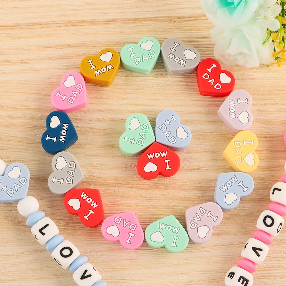 Kovict 10Pcs Silicone Beads Heart I LOVE MOM/Dad Round Silicone Beads For Jewelry Making Bulk DIY Necklace Accessories