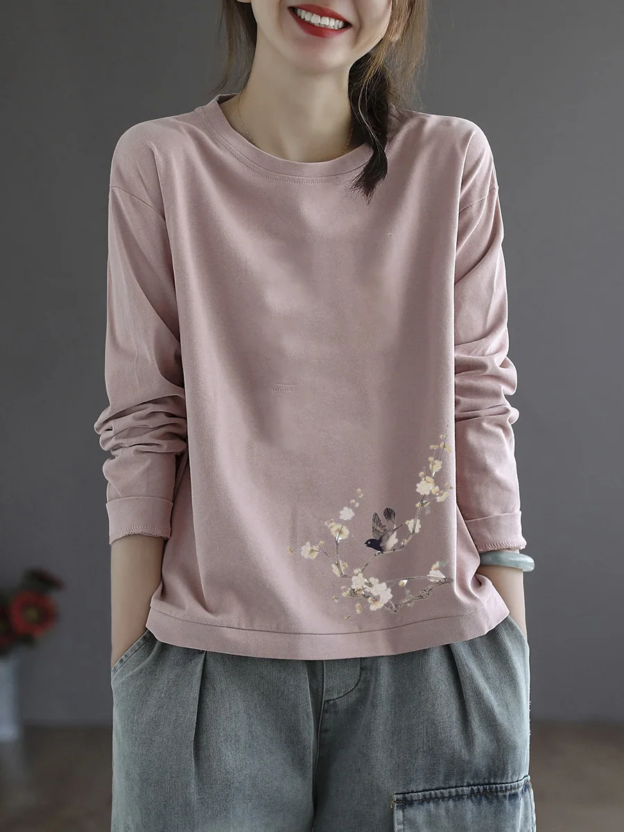 Loose Fit Large Size Cotton T-Shirt Long Sleeve round Neck Printed Top Women's Inner Wear Autumn Winter Comfortable Casual Shirt