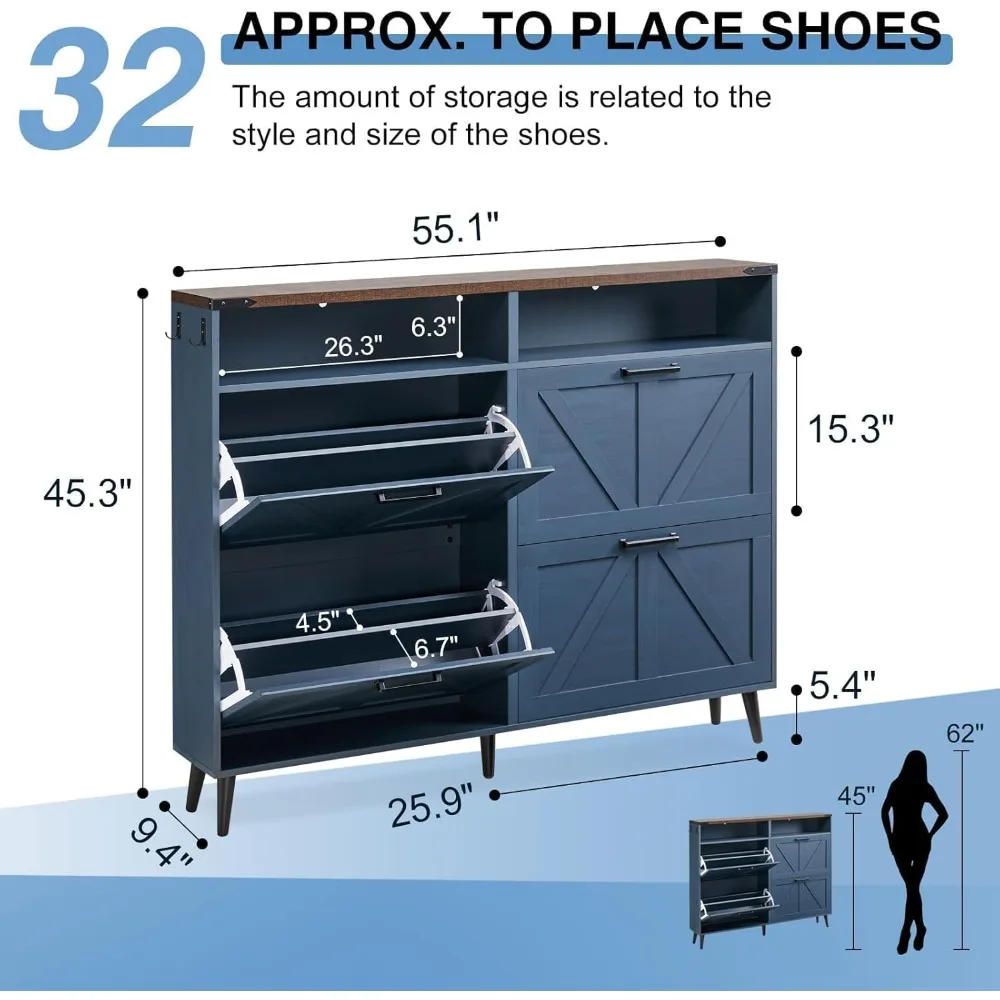 Shoe Storage Cabinet,Farmhouse Shoe Organizer with 4 Flip Drawers & Barn Door Design