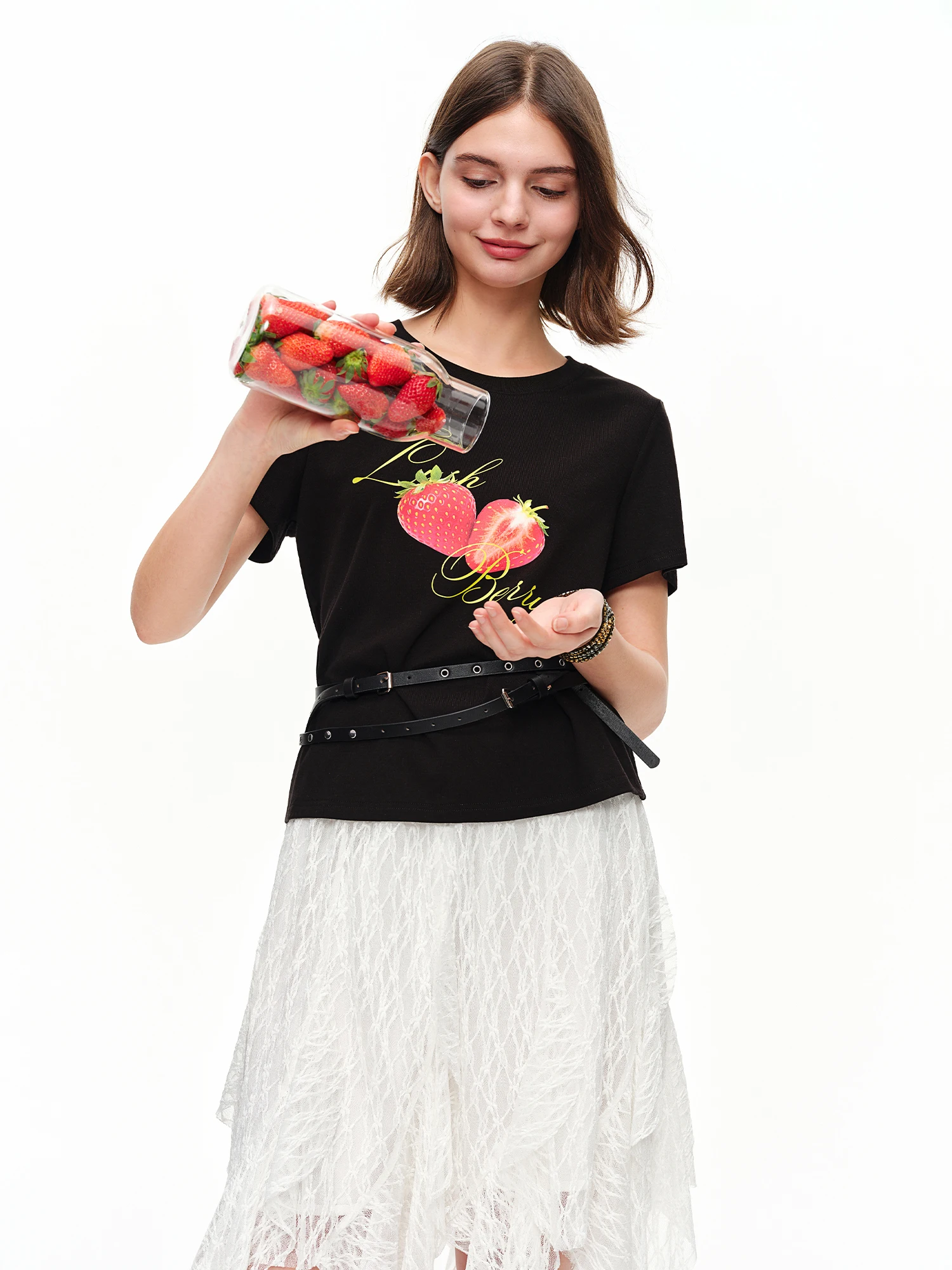 DUSHU 2026 Summer Women's Fruit Print Multi-Color Fitted T-Shirt - Casual Stylish Top for Daily Summer Wear