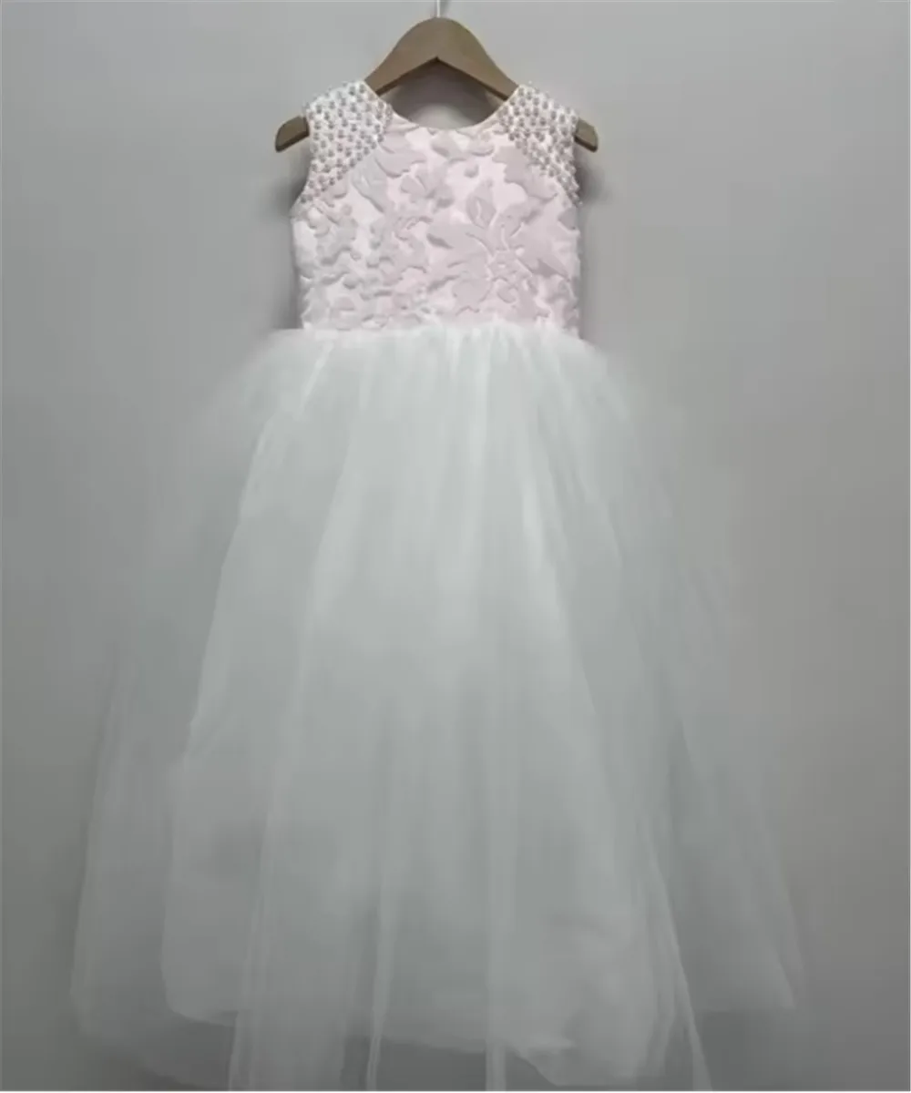 Elegant Flower Girl Wedding Dress Sleeveless Backless Large Bow Kids Girls Graduation Ball Gown Birthday Party Festival Dress