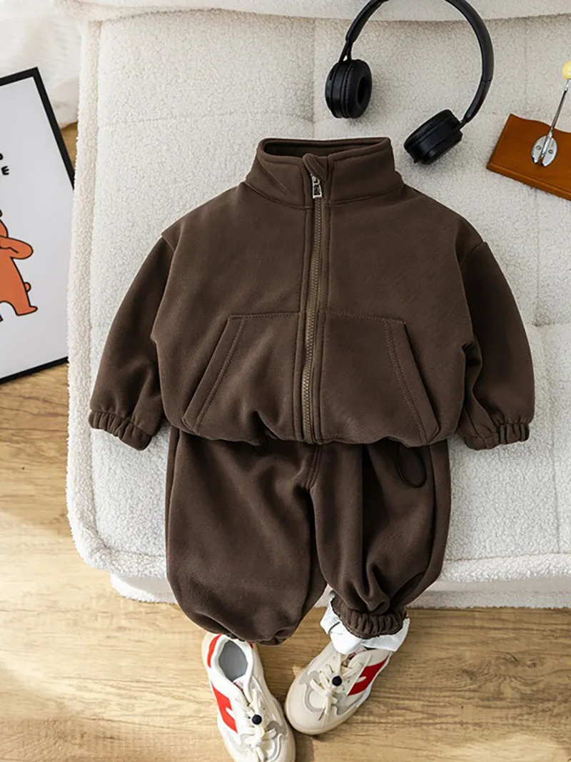 MILANCEL New Winter Kids Thicken Clothes Set Girls Cute Solid Color Overcoat +Pants Children Sports Suit Outwear 2PCS