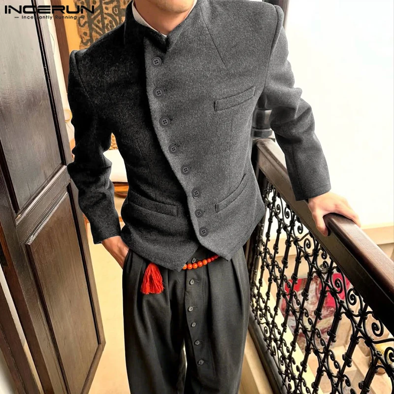 

INCERUN Men Jackets Solid Color Stand Collar Long Sleeve Button Male Coats Streetwear 2025 Fashion Casual Jackets Men Outerwear