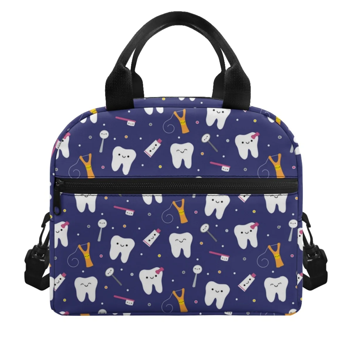 

Hot Sales Cute Protect Teeth Dentist Dental Print Ladies Gril Boys Insulated Lunch Bag Front Pocket Double Layer Travel Satchel