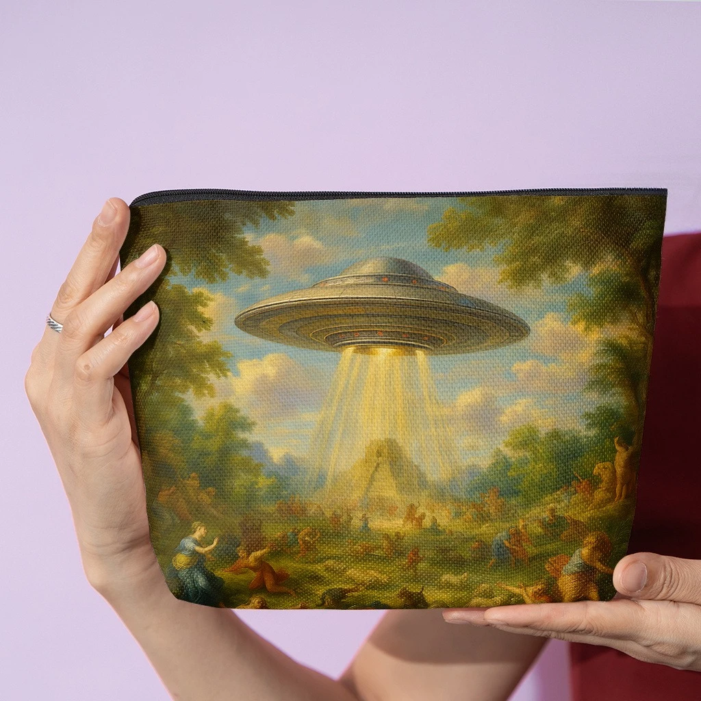 1pc Cosmetic Pouch, UFO Appears in Traditional Artwork, Fashionable Zippered Wallets, Snack Bags for Work