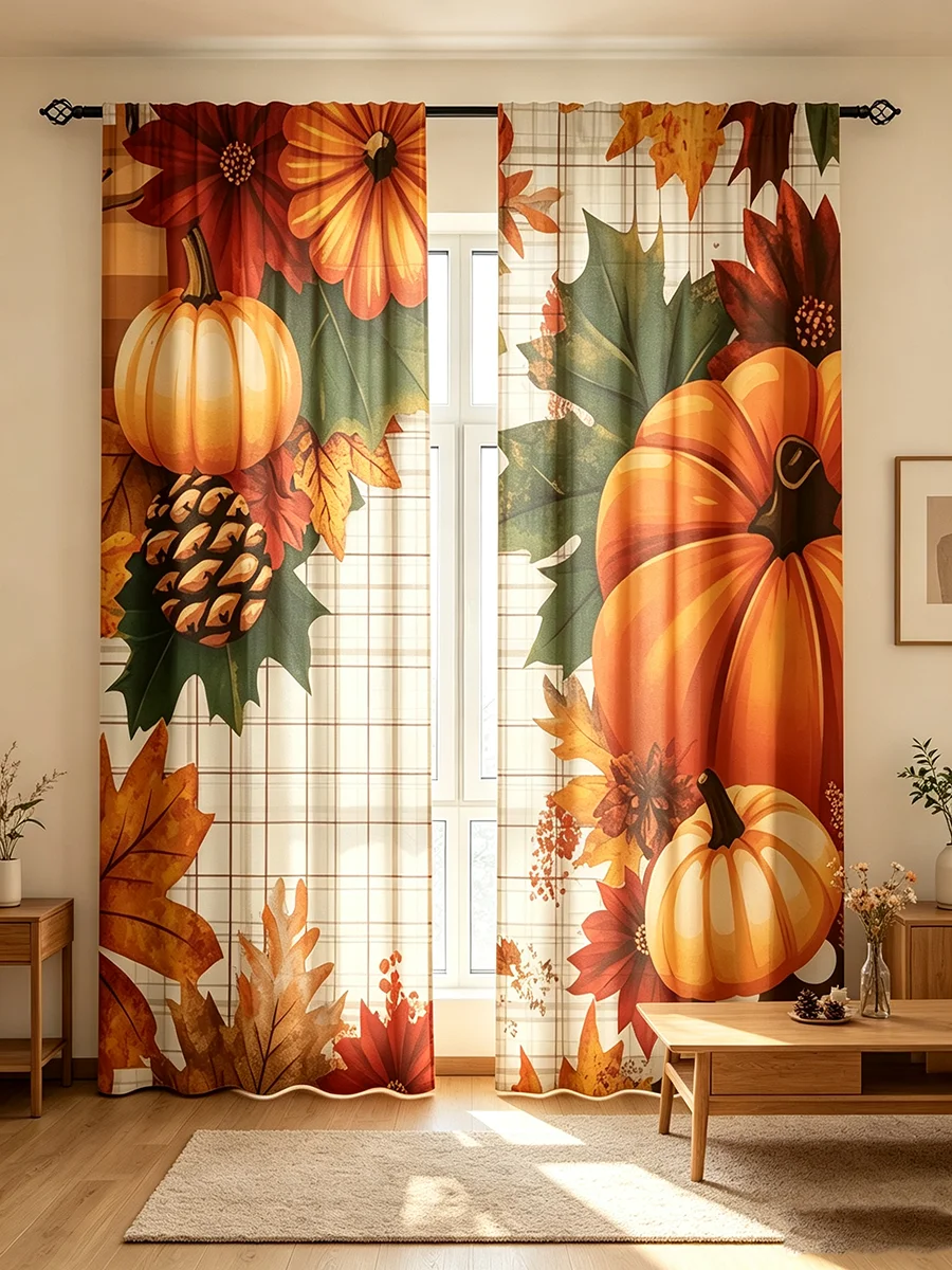 2PCS Digital Printed Curtains, Fall Pumpkin Floral Plaid Pattern, Vintage Farmhouse Holiday Style for Living Room Bedroom Home D