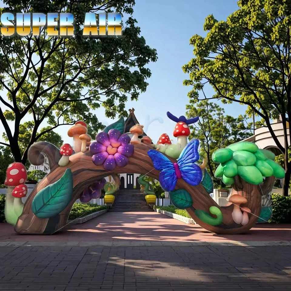

Inflatable Forest Tree Trunk Arch with Colorful Mushroom Butterfly Flower Giant Inflatable Entrance Arch for Theme Park Event Pa