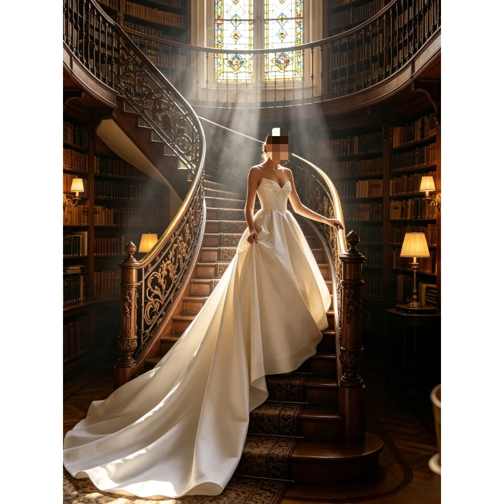 Customized Modern A Line Wedding Dress Strapless Pleated Sweetheart Chapel Train Corset Side Pockets Gloss Satin Bridal Gown