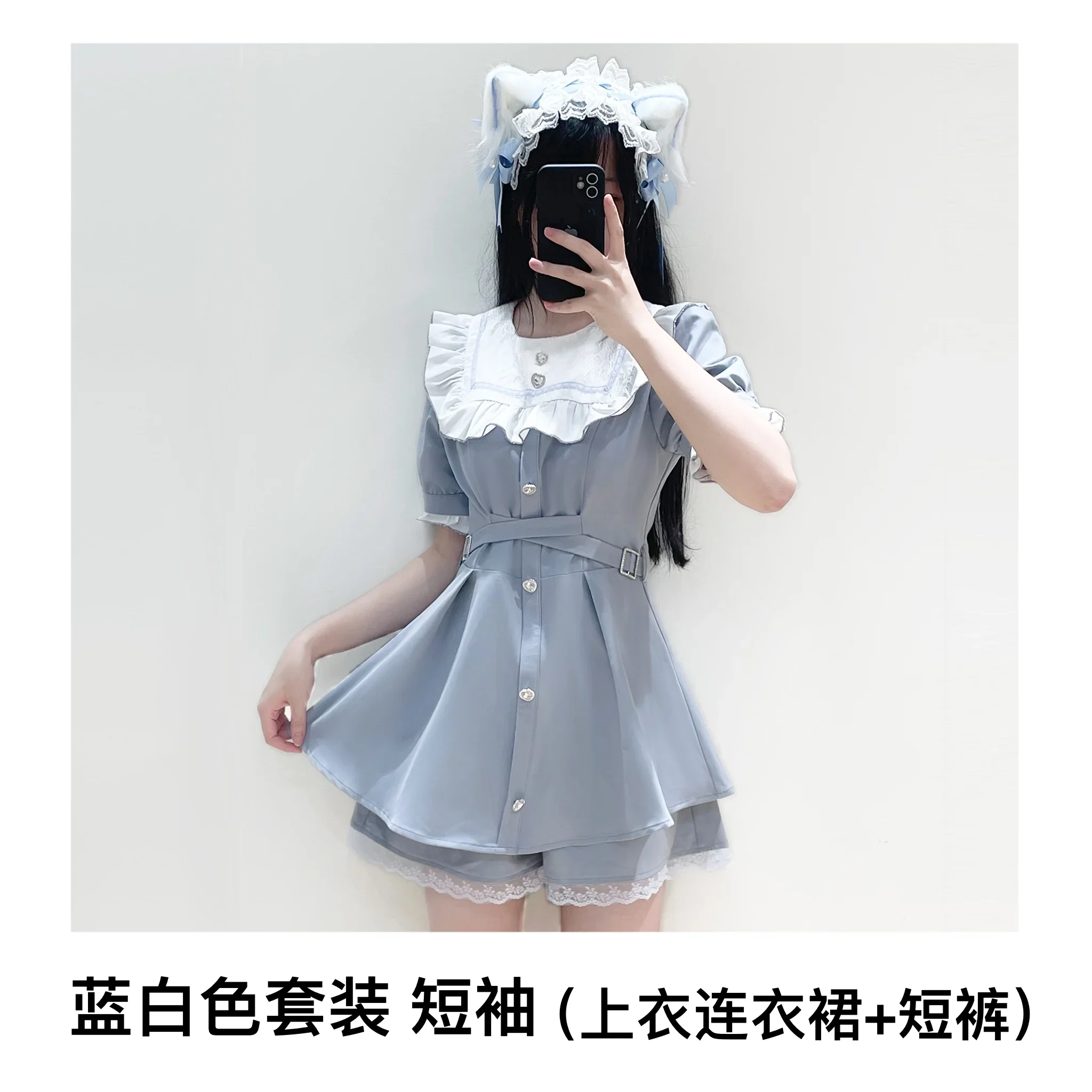 Mine Mass-Produced Spring Summer Color Matching Lolita Skirt Suit Girl Women\'s Sweet Short Sleeve Top Blouse and Shorts Outfits