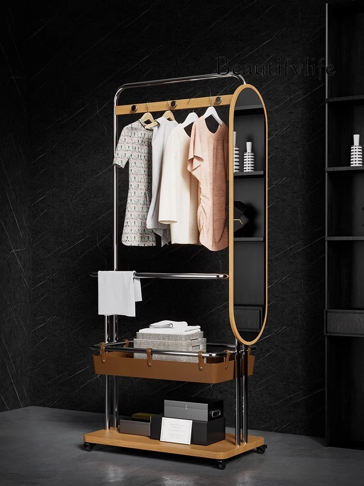 

Italian high-grade stainless steel rotating full-length mirror coat rack integrated bedroom floor storage fashion