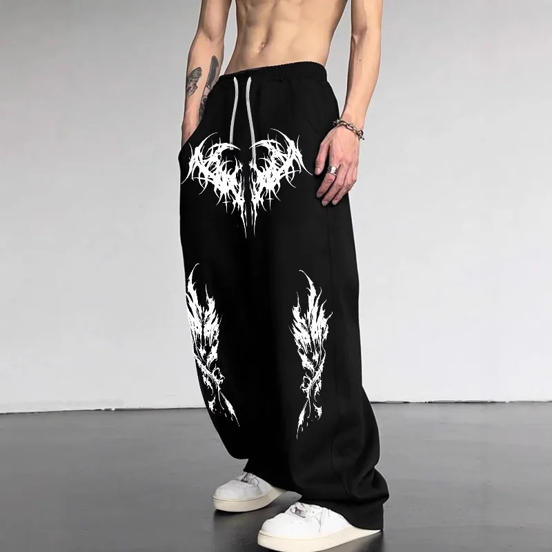 

2026 Spring and Autumn New Y2K Dark Gothic Printing Loose and Thin Men's and Women's Lace-up Sweatpants Wide-footed Sweatpants