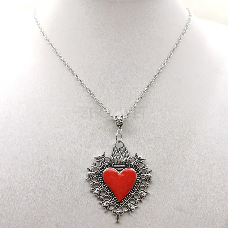 Sacred Flaming Hearts, Sacred Flaming Corazon, Ex-Votos Hearts, Mexican Milagros Necklace,Burning Heart Necklace,Gothic Jewelry,