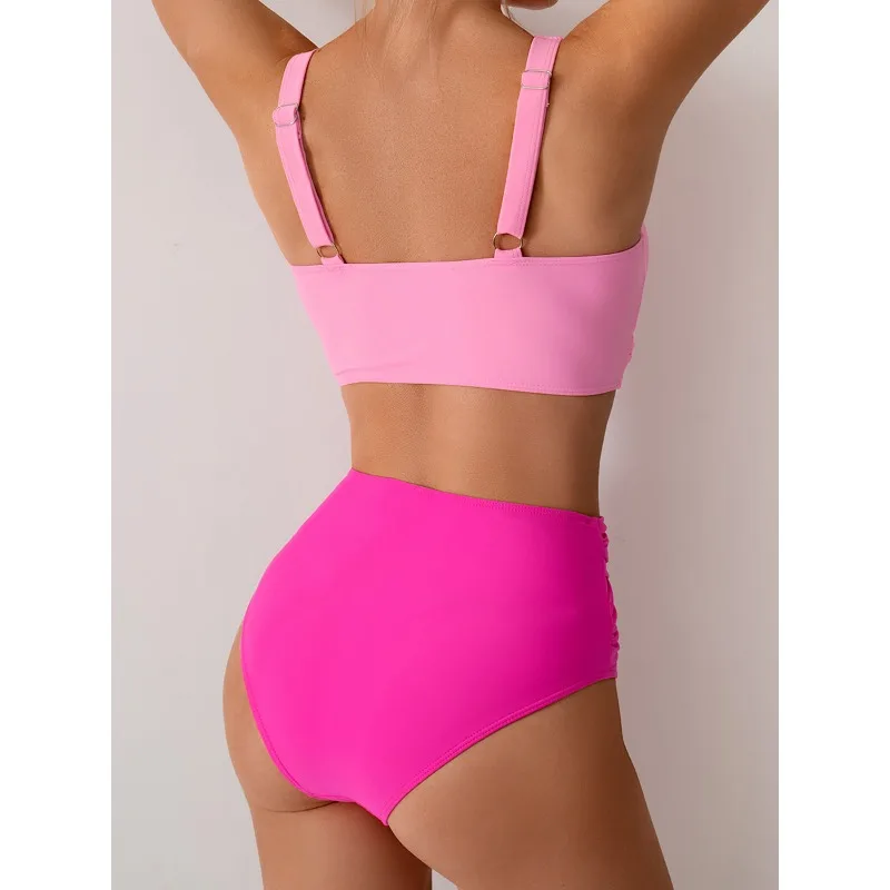 Vintage Hot Pink Patchwork Bikini Women V Neck Cross Pleate High Waist Swimsuit 2026 Holiday Bathing Suit Swimwear Large Size