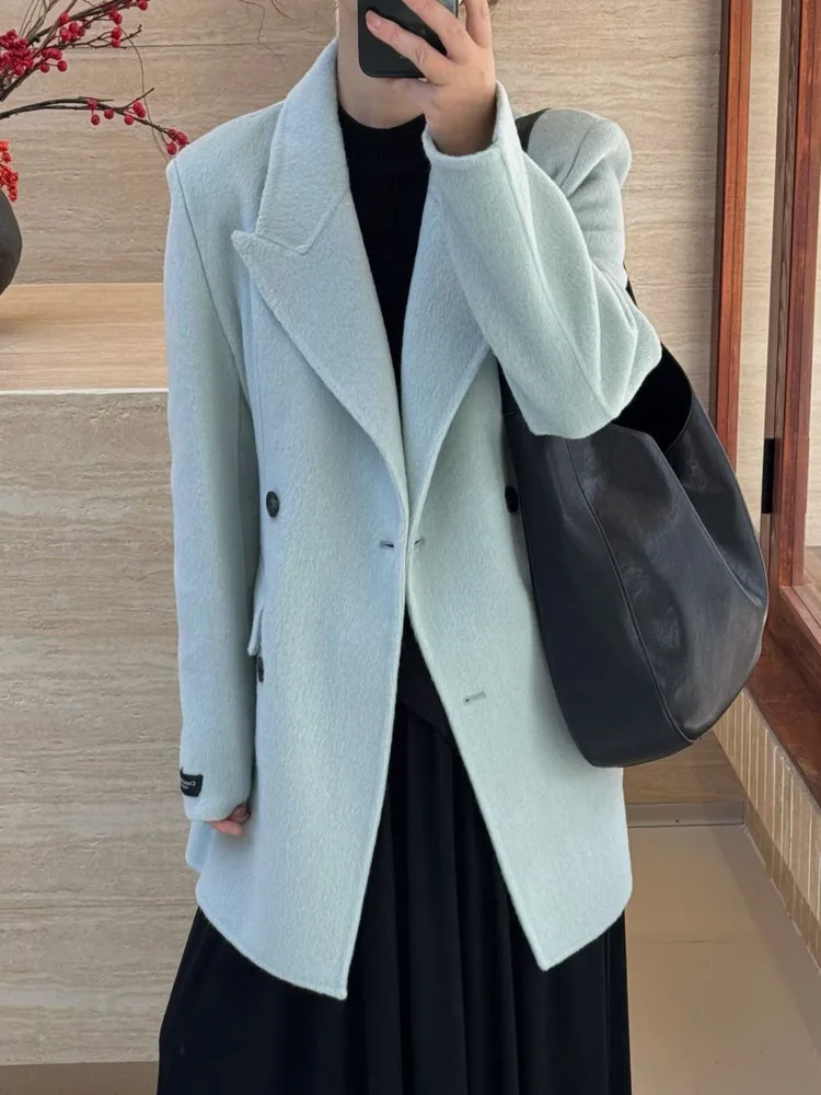 ZMEENNA Cappotto blazer doppiopetto in misto lana elegante da donna con risvolto dentellato Giacca invernale casual Elegante tuta sportiva bianca ZM3620