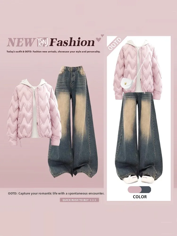패셔너블한 레트로 컬리지 스타일 코튼 재킷 핑크 여성 겨울 세트 와이드 레그 진 하이웨이스트 루즈핏 가을...