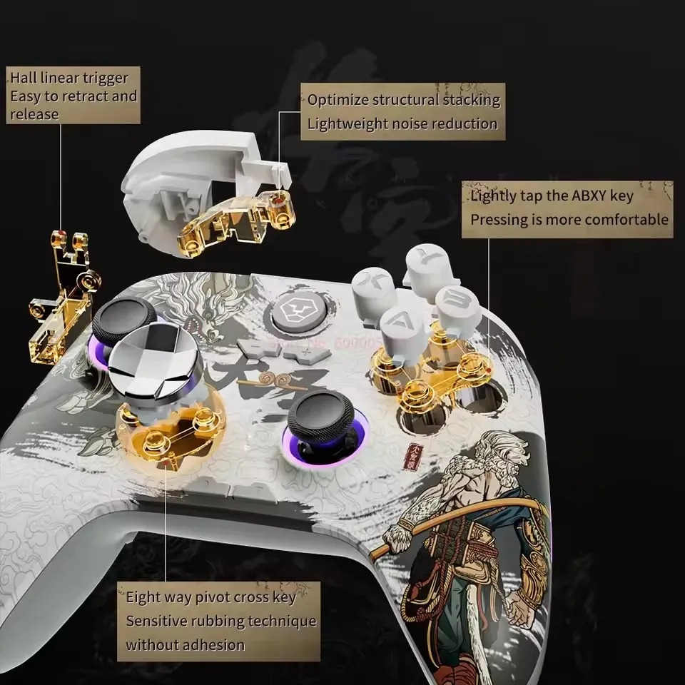 لوحة ألعاب Wukong للتبديل/الكمبيوتر الشخصي/الأجهزة المحمولة/IOS/Android وحدات تحكم الألعاب اللاسلكية مع عصا التحكم في القاعة الزناد الخطي/تأثير ضوء RGB