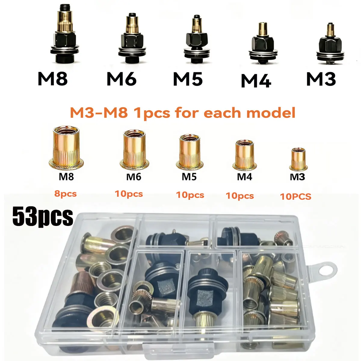 216/304-delige set met klinkmoeren en handgereedschap, metriek assortiment klinkmoeren (M12/M10/M8/M6/M5/M4/M3), geschikt voor meubels, decoratie, de auto-industrie, de scheepvaart en industriële