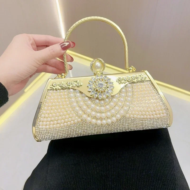 

Fashion Women Evening Cluthes Vintage Ladies Phone Pack Pearl Dinner Handbag Girl Gift Diamond-studded Banquet Dress Pouch