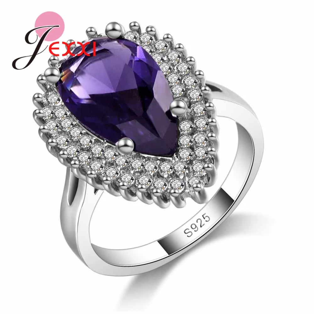 Women Luxury Purple Water Drop Austrian Crystal Wedding Engagement Rings Accessory Fashion 925 Sterling Silver Ring Gift