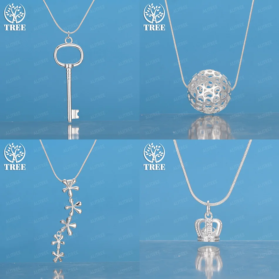 

Nice 925 Sterling Silver Key Crown Flower Hollow Ball Pendant Necklace 4 Chains Women Wedding Party Pretty Jewelry Accessories
