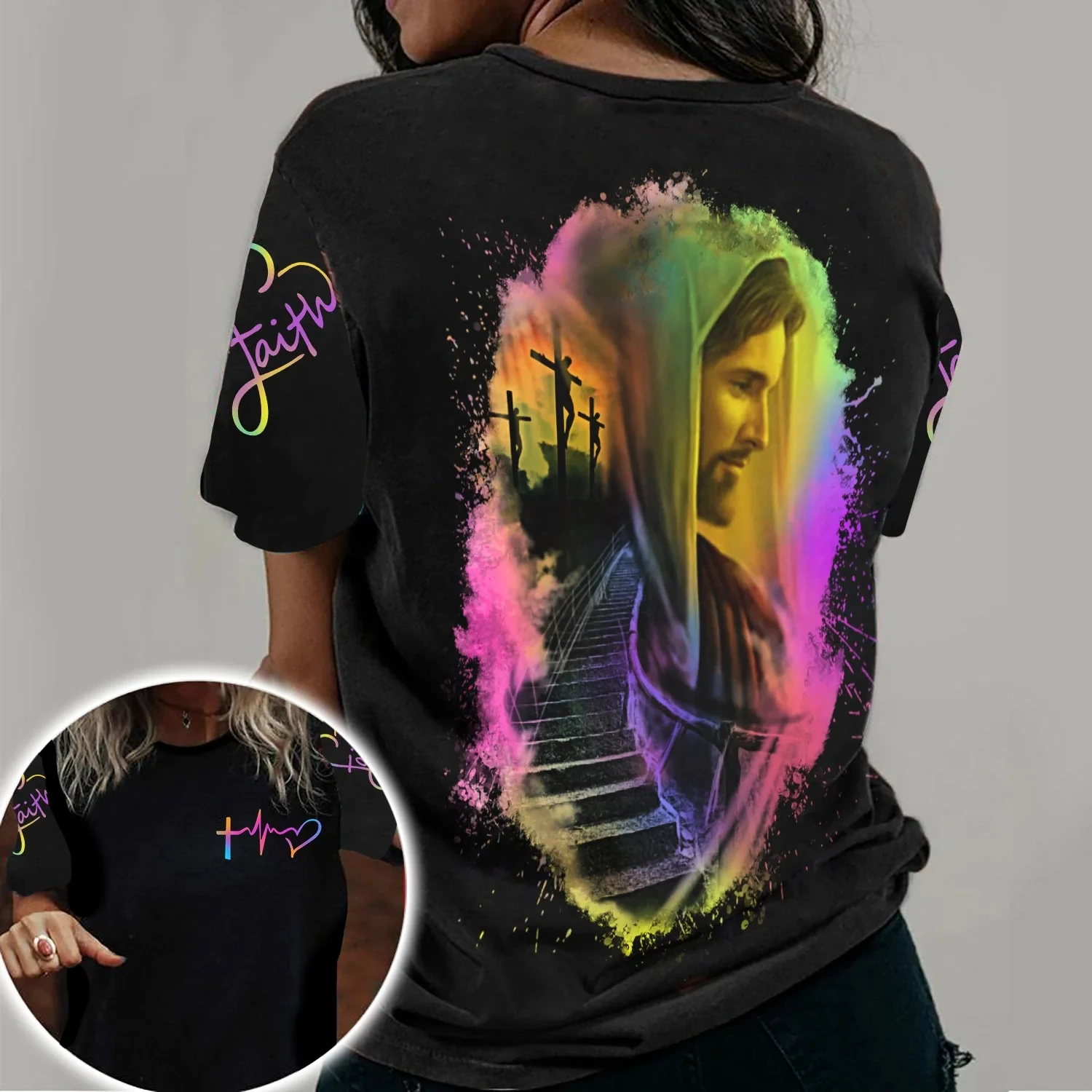 Summer Christian Faith Jesus T-Shirts 3D Print Women's Round Neck Short Sleeve T Shirt Tees Harajuku Y2K Tops Female Clothing