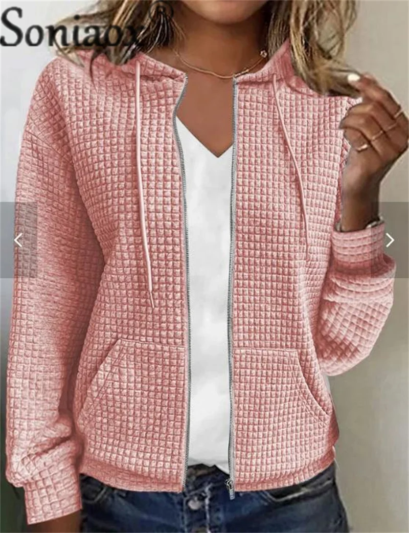 Pequeno tecido jacquard xadrez feminino com zíper cardigan, moletom com capuz, capuz bolsos duplos, Casacos femininos, outono, inverno, moda