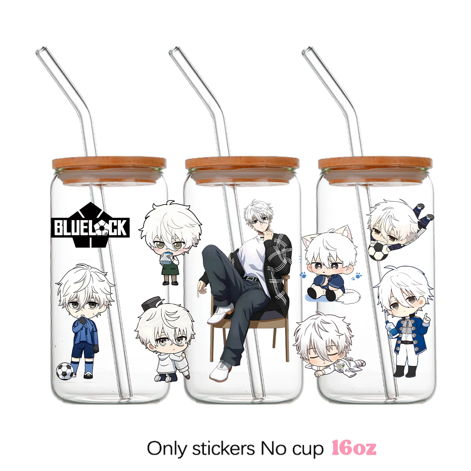 Azul bloqueio uv dtf transferência adesivos bachira meguru rensuke kunigami hyoma jingo rachi16oz copos decalque embrulho garrafa de vidro uvdtf