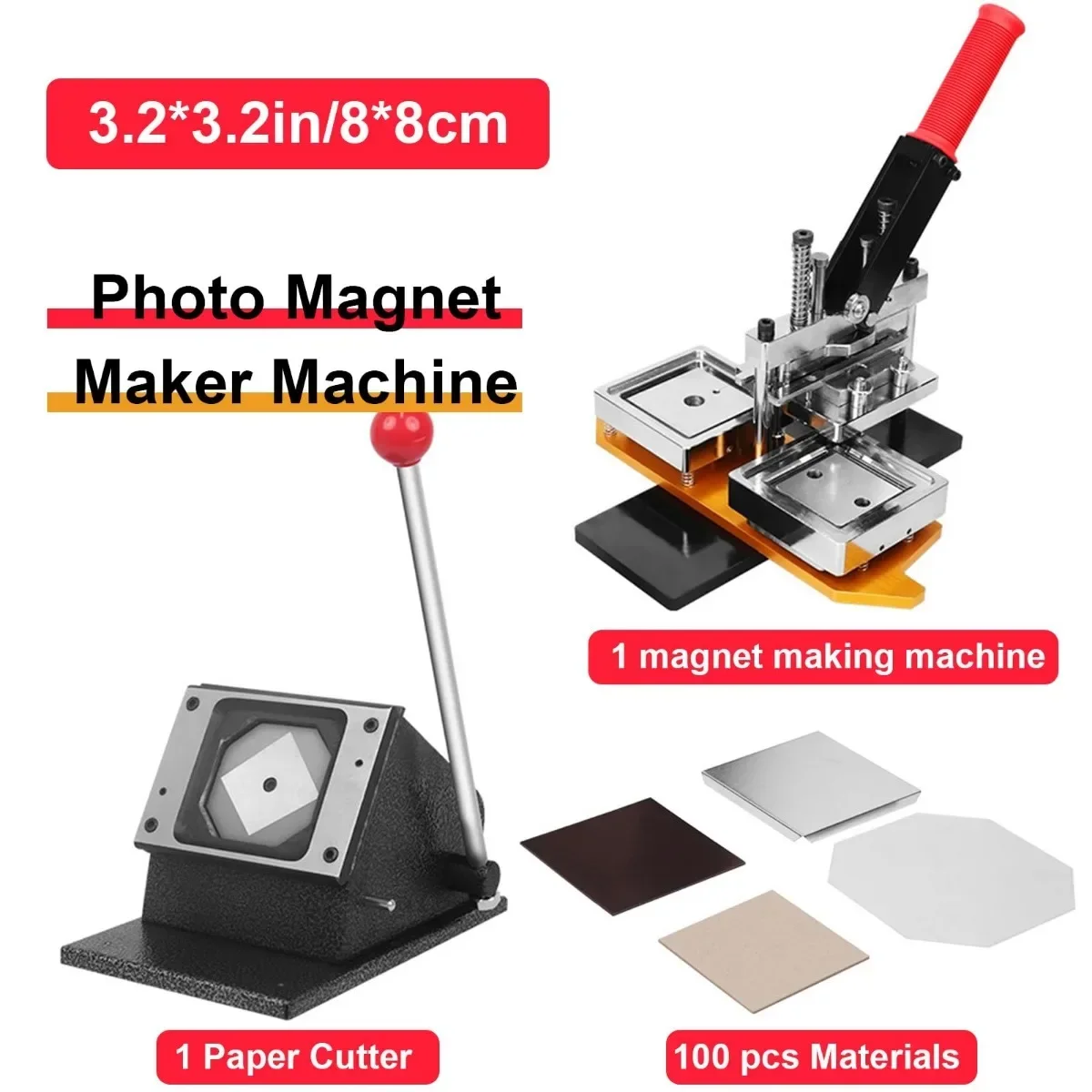 Square Magnet Maker Machine Kit DIY Fridge Magnet Making Machine Set 80x80mm with 1 Machine +1 Paper Cutter +100 Sets Magnetic