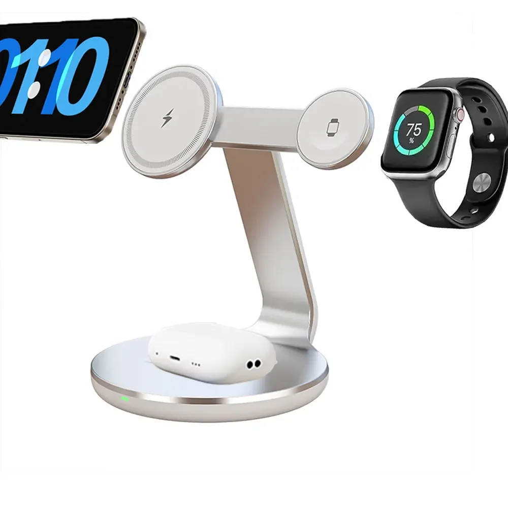 3 in 1 Wireless Charger Stand 360 Rotation 3 Charging Ports For iPhone  Apple Watch AirPods Fast Charging Dock Home Office Use