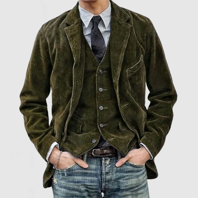 In Stock Suit Spring and Autumn Men's Corduroy British Style Suit Jacket plus Vest Top Men's Suit