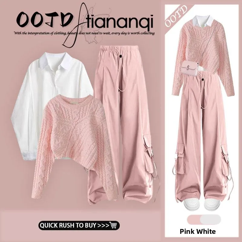 

2026 New Korean Style Soft Knitted Sweater Coat Women's Versatile Shirt Wide Leg Workwear Casual Pants Set Fashionable Three-...