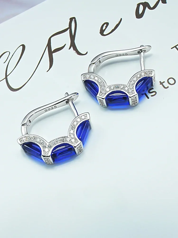 New S925 Earrings Women's Made Sapphire Light Luxury Fashion Retro Engagement Gift Wedding Jewelry Wholesale