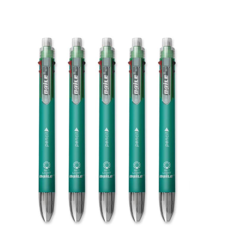 5 stuks 6-in-1 veelkleurige balpennen, 5 kleuren, 1 automatische potlood met gum, voor school, kantoor en schrijfbenodigdheden.