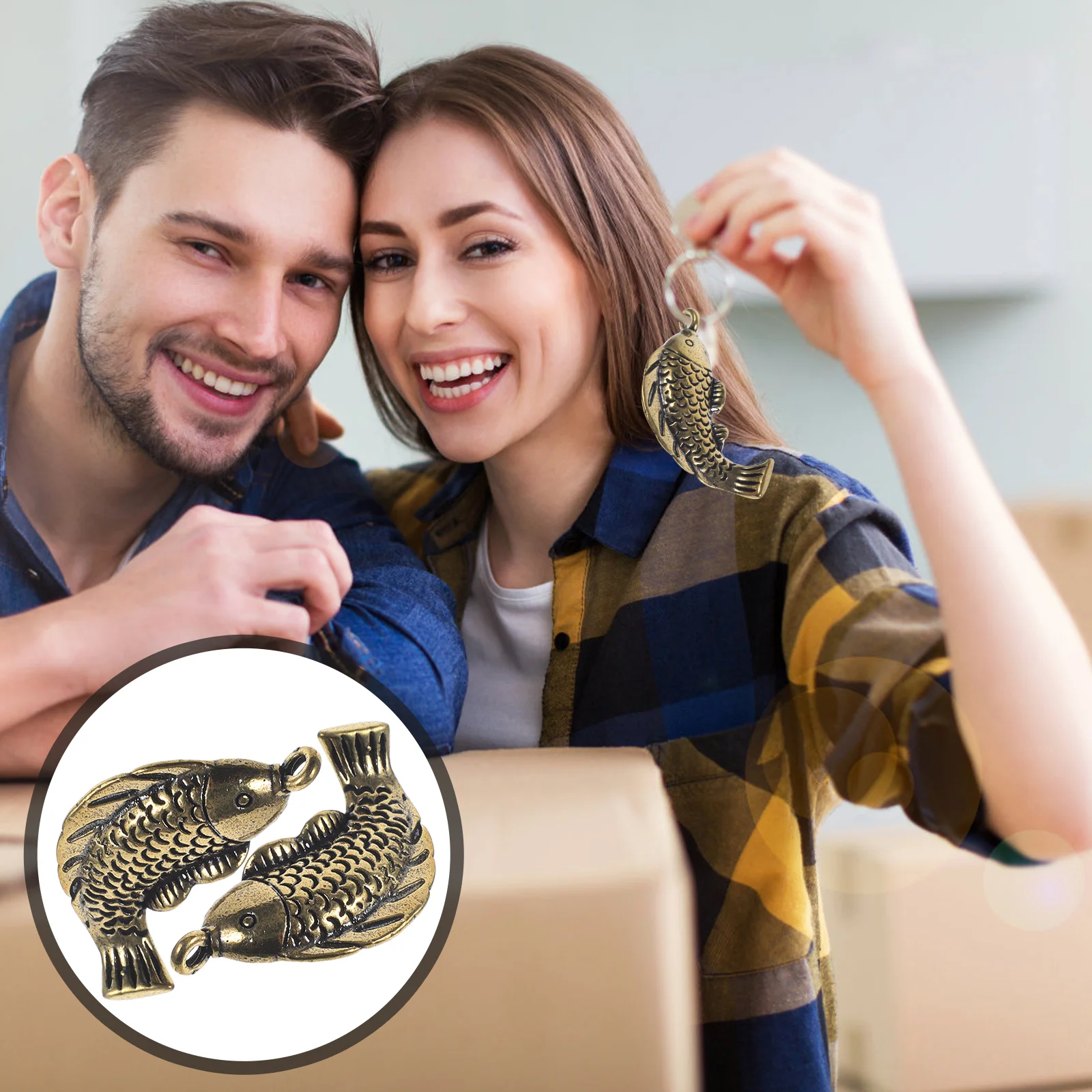 2 Pcs Brass Carp Keychain Decorative Pendant Creative Key Ring Charm Beautiful Details Exquisite Design Delicate Keychains