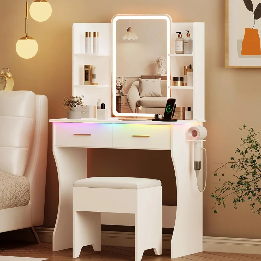 

Vanity Desk with LED Lights Mirror,Small Makeup Vanity Table Set with Storage Drawers , 3 Lighting Modes & Adjustable Brightness