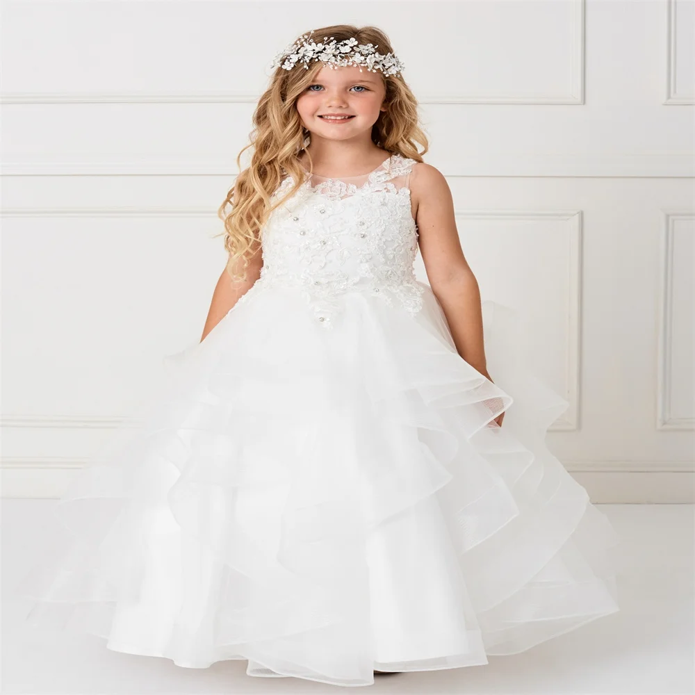 Robe blanche à fleurs en dentelle pour filles, appliques, première communion, fête d'anniversaire, mariage, personnalisée