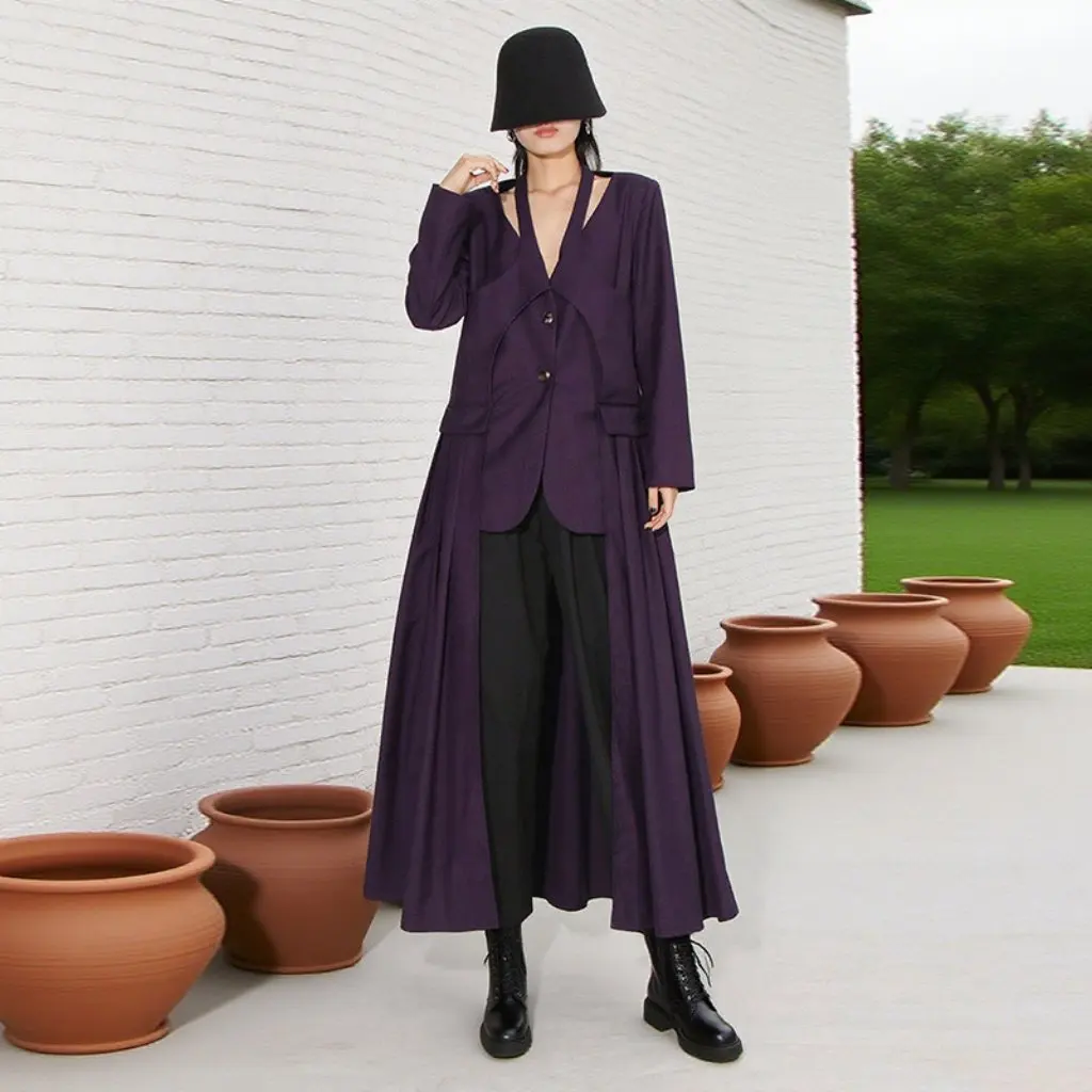 

Женский приталенный плиссированный длинный пиджак с асимметричным подолом, осень-зима, новый стиль, нишевый дизайн, модная верхняя одежда