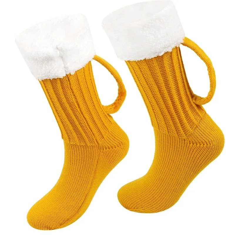 

3D Beer Mug Knitted Socks Women Men Padded Warm Mid-Calf Socks Winter Soft Funny Sleep Floor Woolen Socks Christmas Party Gifts
