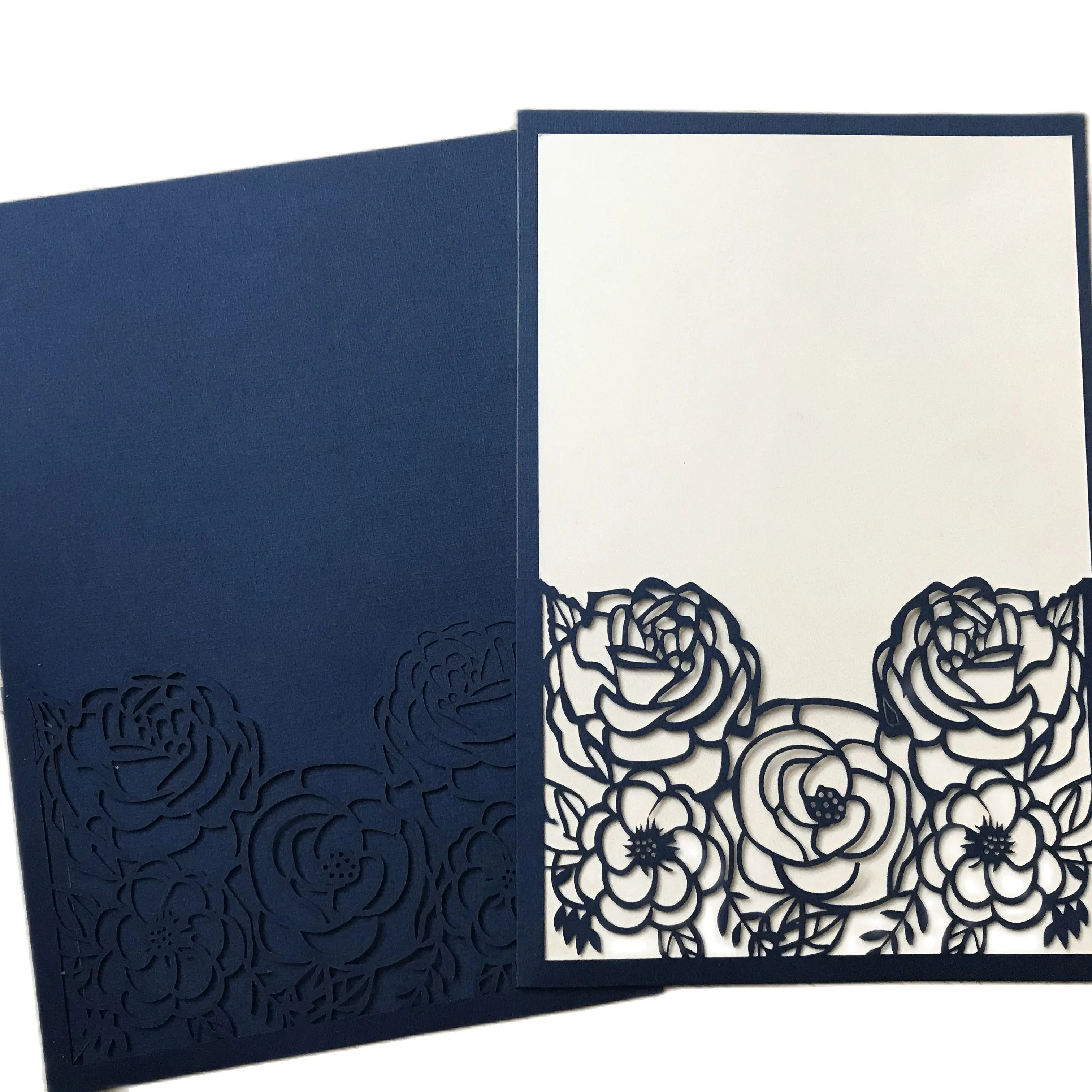 Laser Cut Wedding Invitation Card, Personalized Rose Laser, Dark Navy Blue, Pocket, 10Pcs