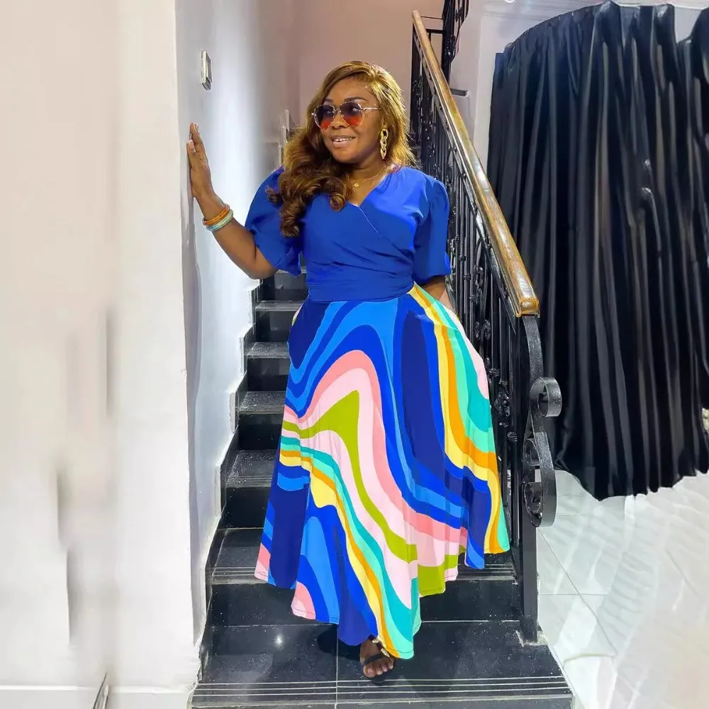 Printed Two-Piece Set for African Women, Casual Bubble Sleeve Top, Printed A-line Skirt, Summer Fashion, 2024