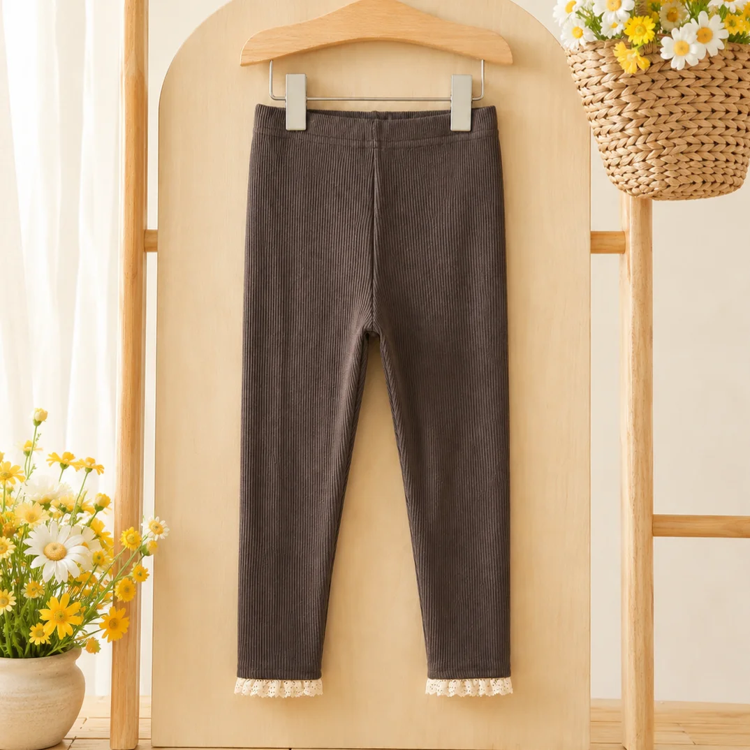 Spring Autumn Baby Girl Dark‑Grey Ribbed Leggings, Infant Stretch‑Fit Long Pants With Exquisite Lace Trim At Cuff For Daily Outf