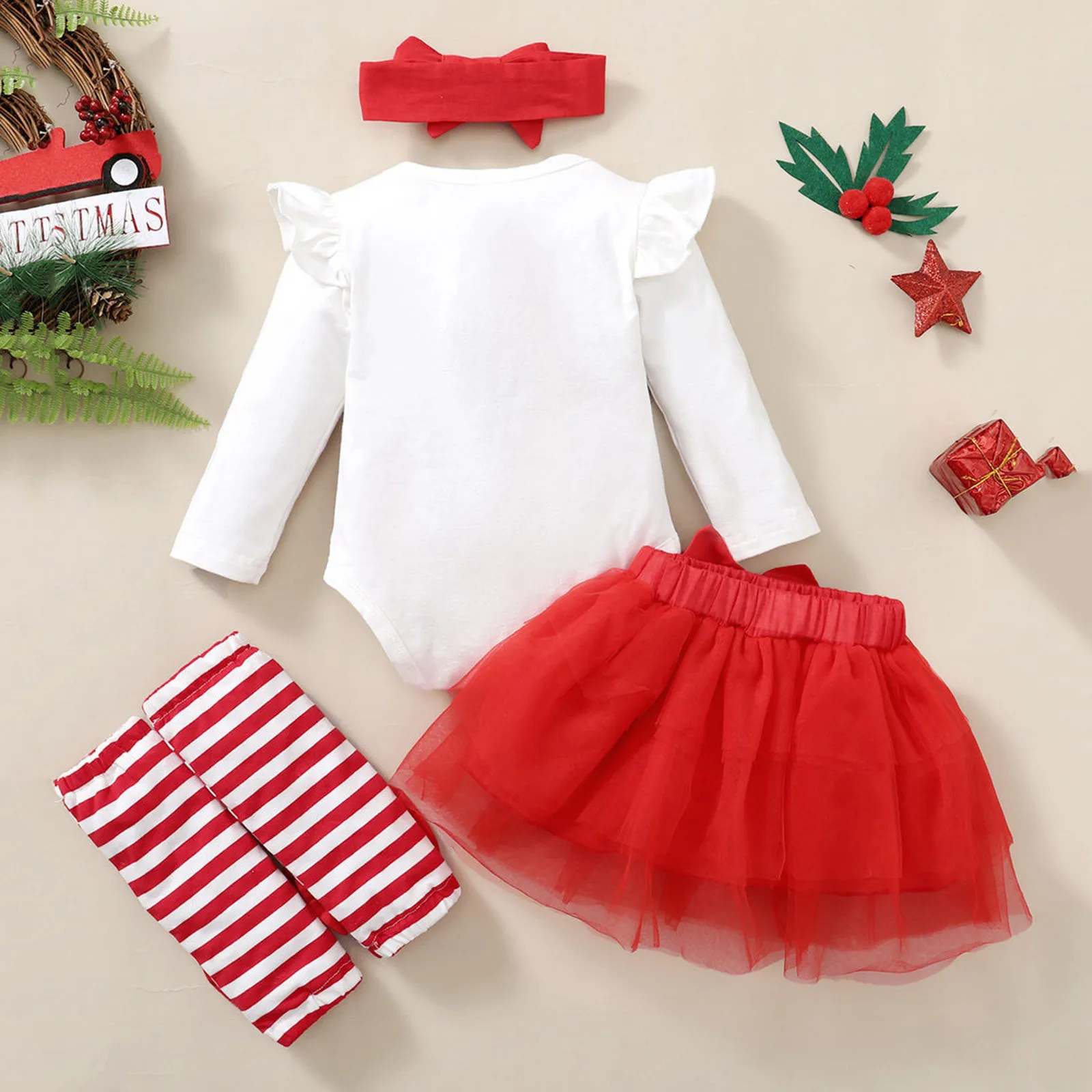 Toddler Kids Girls My First New Year Costume For Baby Santa Romper+Red Skirts+Knee Pads+Headband 4pcs Baby Christmas Outfit Girl